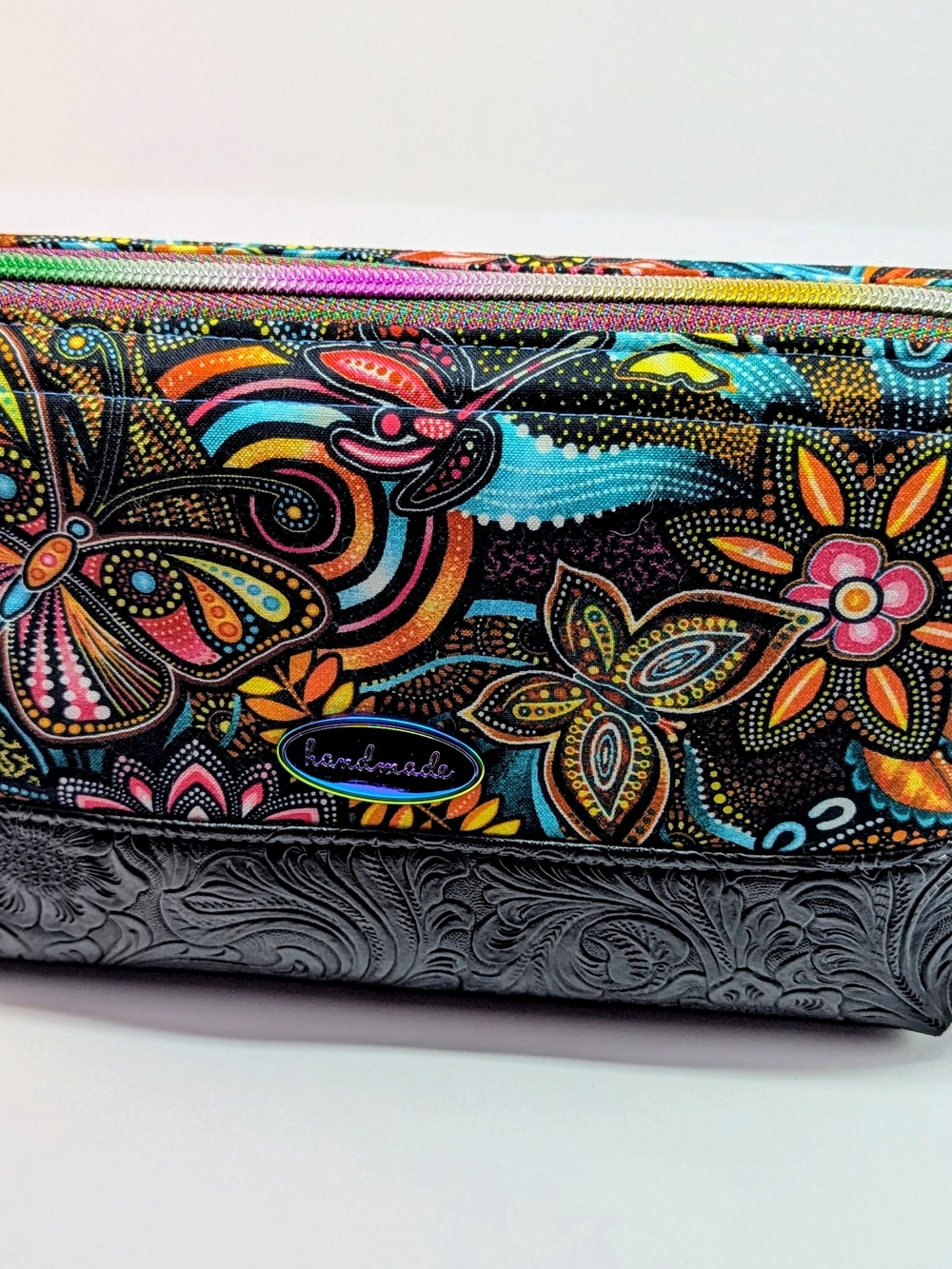 Handmade Multicolor Butterfly Floral Cosmetic Bag, Embossed Faux leather Base
